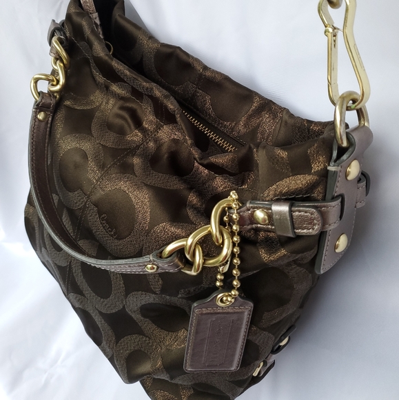 Coach Op Art Brooke Metallic Olive Signature Logo Print Shoulder Bag Handbag - Picture 3 of 8
